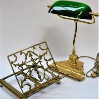 2-x-Pieces-Bankers-lamp-with-green-shade-and-brass-book-stand-Sold-for-68-2020