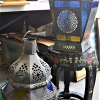 3-x-items-Chinese-lacquer-ware-pot-stand-pair-large-ornate-pierced-work-metal-and-coloured-glass-storm-shades-Sold-for-99-2020