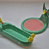 FITZ-and-FLOYD-Novelty-set-Cheese-and-Crackers-Biscuit-Tray-and-Cheese-board-Pale-green-with-Pink-spots-novelty-duck-features-Sold-for-35-2020
