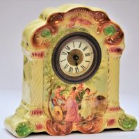c1900-Hilditch-Sons-ceramic-mantle-clock-decorated-with-cherub-maidens-carriage-trees-etc-marked-to-inside-Sold-for-37-2020