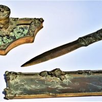 c1900-Victorian-French-Bronze-DESK-SET-inc-Bronze-Marble-ink-well-Bronze-letter-opener-and-pen-tray-all-with-ornate-leaf-detail-signed-L-Marionne-Sold-for-261-2020