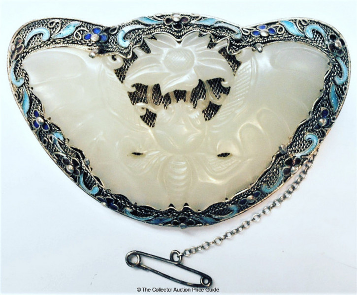 Large Vintage Silver Chinese Filigree Brooch Set With Carved White Jade