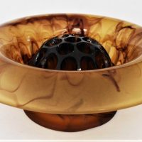 Art-deco-Davidsons-cloud-GLASS-flower-bowl-with-Flower-Frog-brown-swirls-24cm-D-10cm-H-Sold-for-25-2020