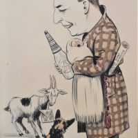 Card-mounted-cartoon-caricature-man-in-dressing-gown-holding-baby-and-Texaco-Motor-Oil-bottle-looking-at-goat-and-dog-Balance-Sheet-Texas-Co-AAs-Sold-for-106-2020