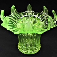 Large-URANIUM-Glass-Vase-and-Flower-Frog-insert-Ribbed-body-and-curled-section-rim-18cm-H-Sold-for-75-2020