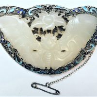 Large-vintage-silver-Chinese-filigree-Brooch-set-with-carved-white-Jade-butterfly-flower-and-blue-enamel-floral-border-Sold-for-497-2020
