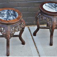 Pair-of-Chinese-side-tables-heavily-carved-Fruit-Floral-design-Black-and-white-marble-inserts-to-top-Sold-for-900-2020