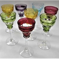 Set-of-8-Vintage-Coloured-Handcrafted-Stemmed-Liqueur-Glasses-Cut-Bowl-with-etched-Grape-and-Vine-detail-to-rim-Etched-signature-to-bases-Walsh-Sold-for-25-2020