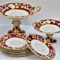 VICTORIAN-China-incl-2-x-Comports-and-serving-plates-with-Registered-design-stamp-to-base-and-red-and-gilt-grape-vine-decoration-Sold-for-75-2020