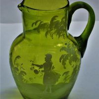 Victorian-green-glass-jug-Hand-painted-Mary-Gregory-child-playing-in-garden-damage-sighted-Sold-for-62-2020