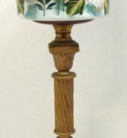 Victorian banquet lamp with cast iron pedestal base with lions, floral enamelled glass font & duplex burner - Sold for $99 - 2016