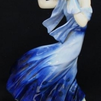 Vintage continental porcelain figure of an art deco lady in blue - marked to base, approx 31cm H - Sold for $99 - 2016