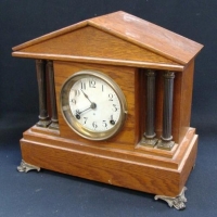 c1900 Ansonia Clock Co mantle clock in oak case with bracket feet - Sold for $118 - 2016