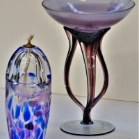 2-x-Pieces-Modern-ART-GLASS-Krosno-Josefina-amethyst-colour-Comport-Adam-JABLONSKI-Polish-Oil-Lamp-w-Blue-Purple-coloured-base-225-18cm-H-Sold-for-56-2019