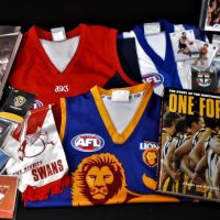 Box-lot-sporting-ephemera-inc-signed-AFL-jumpers-NM-jumper-signed-by-Glenn-Archer-small-Vintage-South-Melbourne-Swans-wall-hanging-trading-cards-Sold-for-50-2019