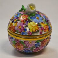 Herend-Hungarian-Porcelain-Spherical-Box-w-hand-painted-floral-Pierced-work-Small-Flower-to-top-All-marks-to-base-approx-6cm-H-Sold-for-43-2019