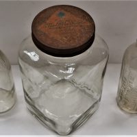 Small-lot-vintage-glass-bottles-and-jars-inc-WR-Roberts-Fitzroy-MacRobertsons-confectionery-jar-wlid-and-glass-pint-milk-bottle-Sold-for-99-2019