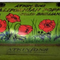 c1910-Atkinsons-green-decorative-Californian-Poppy-Brillantine-tin-featuring-poppies-Sold-for-31-2019
