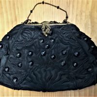 c1920-black-French-silk-evening-bag-decorated-with-black-beads-gilt-filigree-black-bead-fittings-and-chain-Sold-for-37-2019