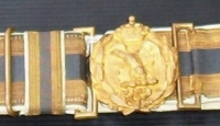 Ornate MILITARY Belt -  embroidered gilt grey grosgrain on white leather with gilded Buckle featuring EAGLE, crown, wreath & bow - Sold for $98 - 2008
