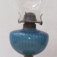 Edwardian OIL LAMP with pierced metal base, blue glass bowl & chimney - Sold for $98 - 2008