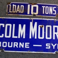 Pair of large enamelled blue & white SIGNS  - MALCOLM MOORE Ltd - Melbourne -Sydney & Load 10 tons - Sold for $220 - 2008