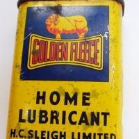 Sml vintage 4ozs GOLDEN FLEECE Home Lubricant TIN by HC Sleigh - approx 9cm high with light wear to text - Sold for $110 - 2014