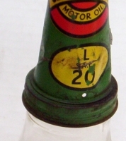 Vintage CASTROL Motor Oil BOTTLE - plain glass one imperial pint bottle - green tin nozzle with L SAE 20 text & lid for nozzle - approx 31cm high - so - Sold for $79 - 2014