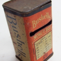 Vintage BUSHELLS TEA tin Moneybox - small Rectangular shape with Text to all sides, in Good Cond - Sold for $92 - 2014