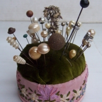 Group lot - pretty embroidered HAT PIN cushion with large qty HATPINS incl Faux pearl, metal, coloured etc - Sold for $55 - 2014