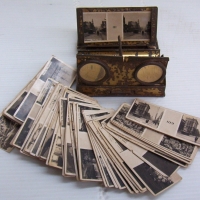 Vintage Tin pocket ROTOSCOPE  with approx 57 x Capstan Stereoscope photos - Views of the World  incl Melbourne, Sydney, Tassie,  Astor Royal Box with  - Sold for $122 - 2014