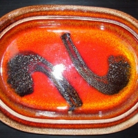 Oval ELLIS Australian pottery DISH -  orange & black pattern to centre - 35cms long - Sold for $61 - 2014