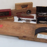 Group lot vintage precision TOOLS & INSTRUMENTS inc - mini one inch rule, micrometer, compasses, Irwin No22 auger bit - all in original boxes - Sold for $61 - 2014
