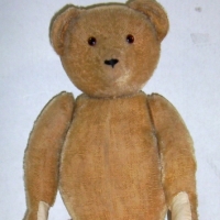Large vintage short mohair TEDDY BEAR - wide head, barrel shaped body, brown eyes, fully jointed, replaced pads  - 61 cms long - Sold for $421 - 2014