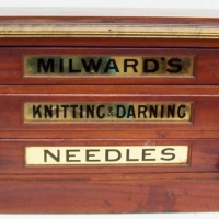 Vintage MILWARDS 3 drawer p.o.s CHEST for knitting, darning & needles - pine with CEDAR veneer - Sold for $268 - 2014