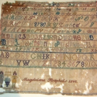 Victorian child's SAMPLER - embroidery in muted colours - features alphabet, numbers, figures, name and date 1842 - has holes but embroidery in tact   - Sold for $92 - 2014