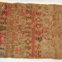 Victorian child's SAMPLER - red & yellow embroidery  - features alphabet, numbers, verse, flowers, trees etc some stitching missing - 40 x24 cms - Sold for $67 - 2014
