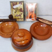 Group lot of AUSTRALIANA SOUVENIRS - incl Huon Pine DISHES and BOWL and PLAYING CARDS with Aboriginal Theme - Sold for $61 - 2014