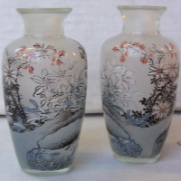 Pair vintage CHINESE glass VASES with handpainted decoration to INSIDE - birds & trees - Sold for $104 - 2014