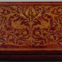 Lovely Small WOODEN BOX with Walnut Veneer and Ornate Marquetry to top - Sold for $55 - 2014