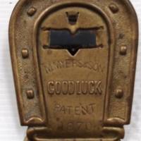 Victorian brass horseshoe shaped 'GOOD LUCK' letter CLIP advertising M MYERS & Son, patent 1870 - Sold for $61 - 2014