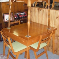 c1952 Melbourne Made 7 Pce Blonde Wood DINING SUITE, Square Shaped Extendable Table and 6 Matching Chairs with Green Upholstery, great retro design - Sold for $207 - 2008