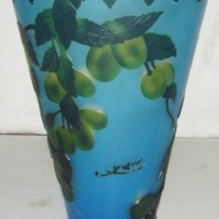 Large GALLE Style Glass VASE - Fruit & Branch ACID Etched Dcor In Greens & yellows on a Blue Ground - 29cm H - Sold for $146 - 2008