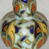 1930's Large GOUDA Pottery VASE - Brightly coloured Handpainted decoration on a Black Ground - Globular Shaped & all markings to base - 245cm H - Sold for $110 - 2008