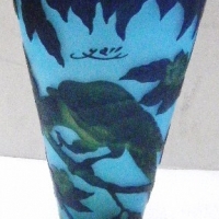GALLE style conical glass VASE -  parrots on blue ground - 29cms H - Sold for $195 - 2008