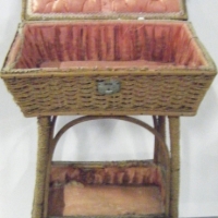 c1900 wicker SEWING stand with lockable lift up BOX to top and lower satin lined tidy - Sold for $110 - 2008