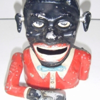 Vintage Cast aluminium NEGRO BOY Mechanical MONEY BOX with moving eyes & ears,  Made by Starkies with patent numbers etc to base - Sold for $61 - 2008
