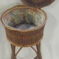 Round Edwardian wicker SEWING BASKET on STAND - lift up lid, lined with pin cushion inside lid - Sold for $104 - 2008