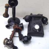 Group lot Vintage TELEPHONES and related equipment - incl Black Bakelite TABLE Phone and Metal Upright with Ear Piece + 2 x Hand Pieces - Sold for $122 - 2008