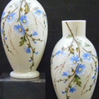 Pair of Victorian milk glass VASES with large sprays of blue handpainted flowers - 35 cms H - Sold for $122 - 2008
